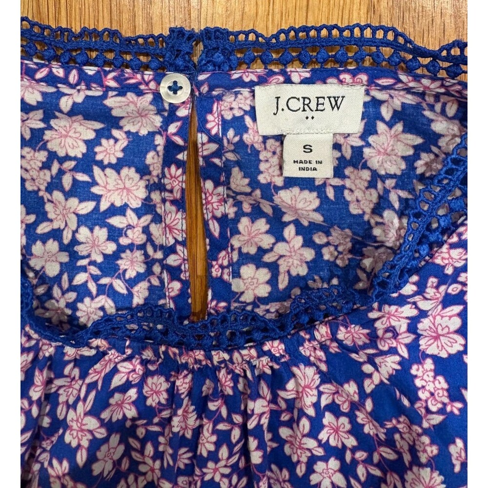 J CREW SHIRT Womens Small Blue Pink Floral Print Ruffle Lace Cotton Long Sleeve - Picture 6 of 8